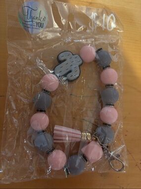Children's Pink & Gray Beaded Bracelet with Cactus Charm